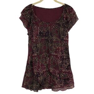 Burgundy Floral Chiffon flowy tunic scoop neck Short Sleeve Blouse size ~M